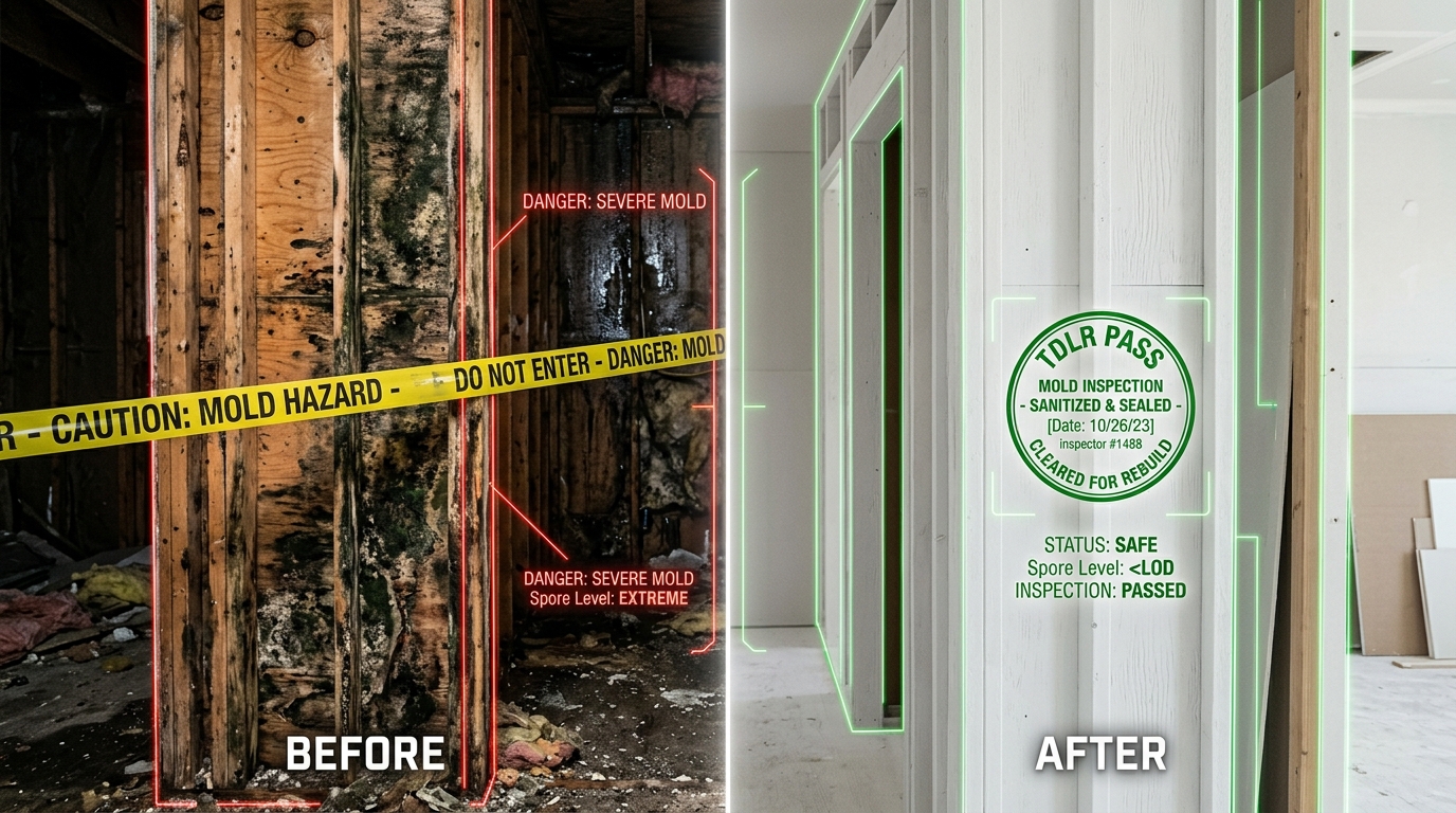Before and after mold abatement on wooden framing studs