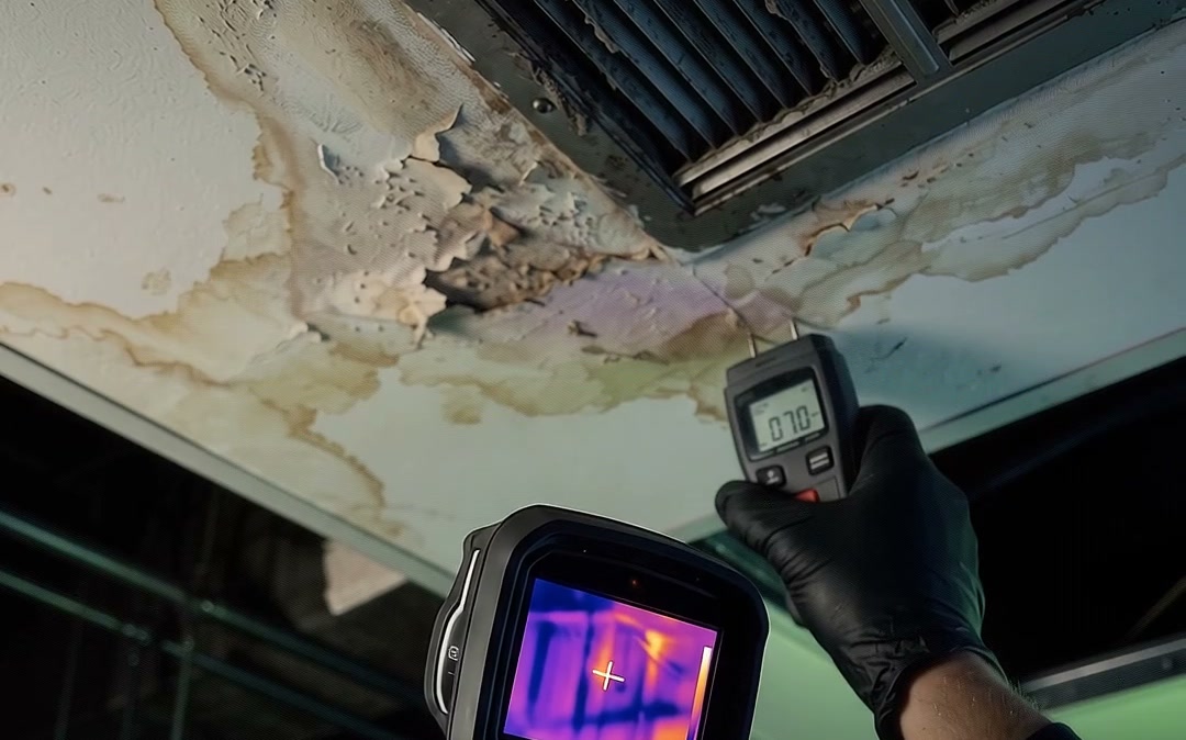 Inspector holding FLIR thermal camera and digital pin moisture meter reading 38.2 percent on stained ceiling