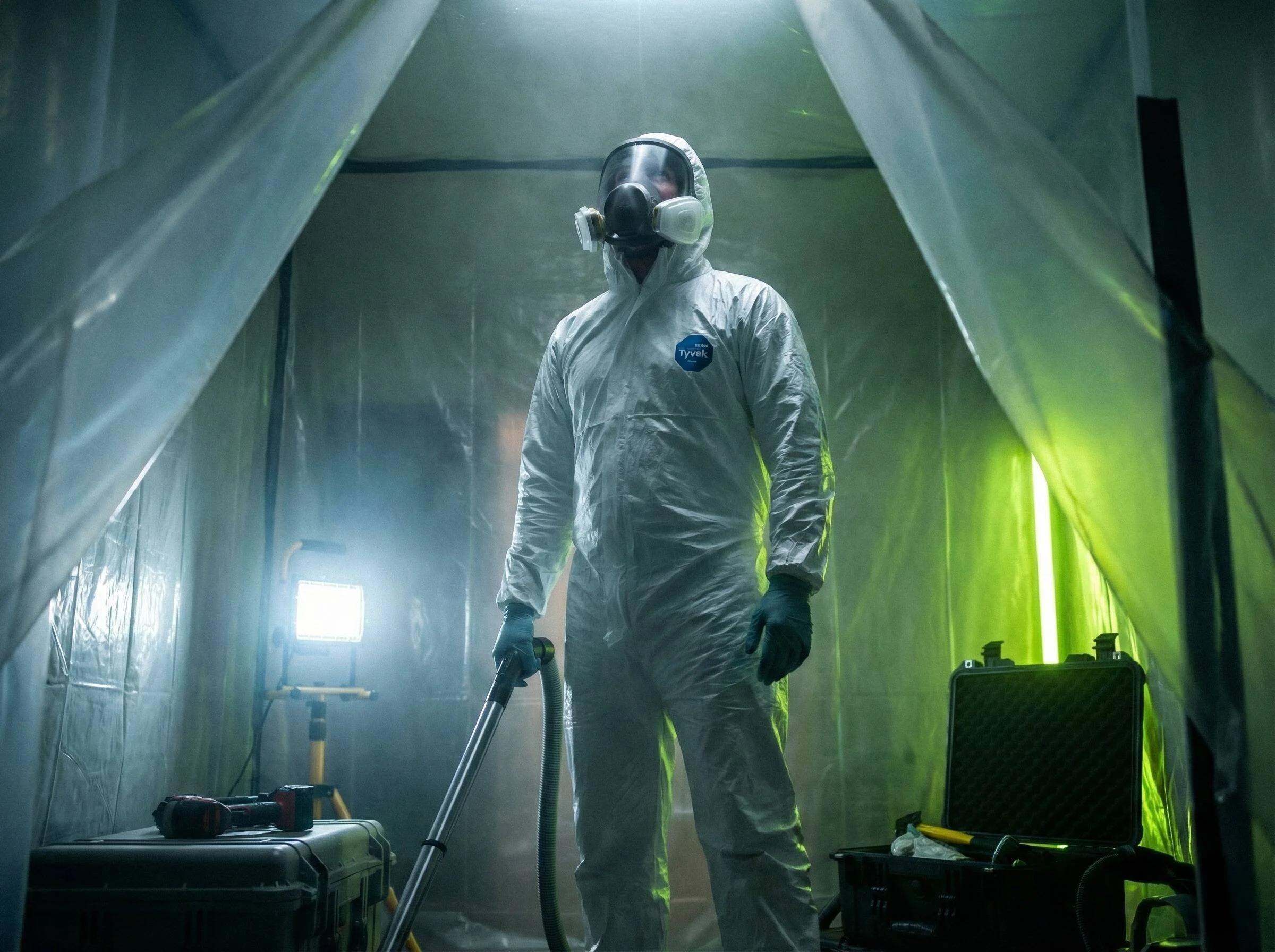 Remediation Operative in Tyvek Suit Inside Containment Chamber