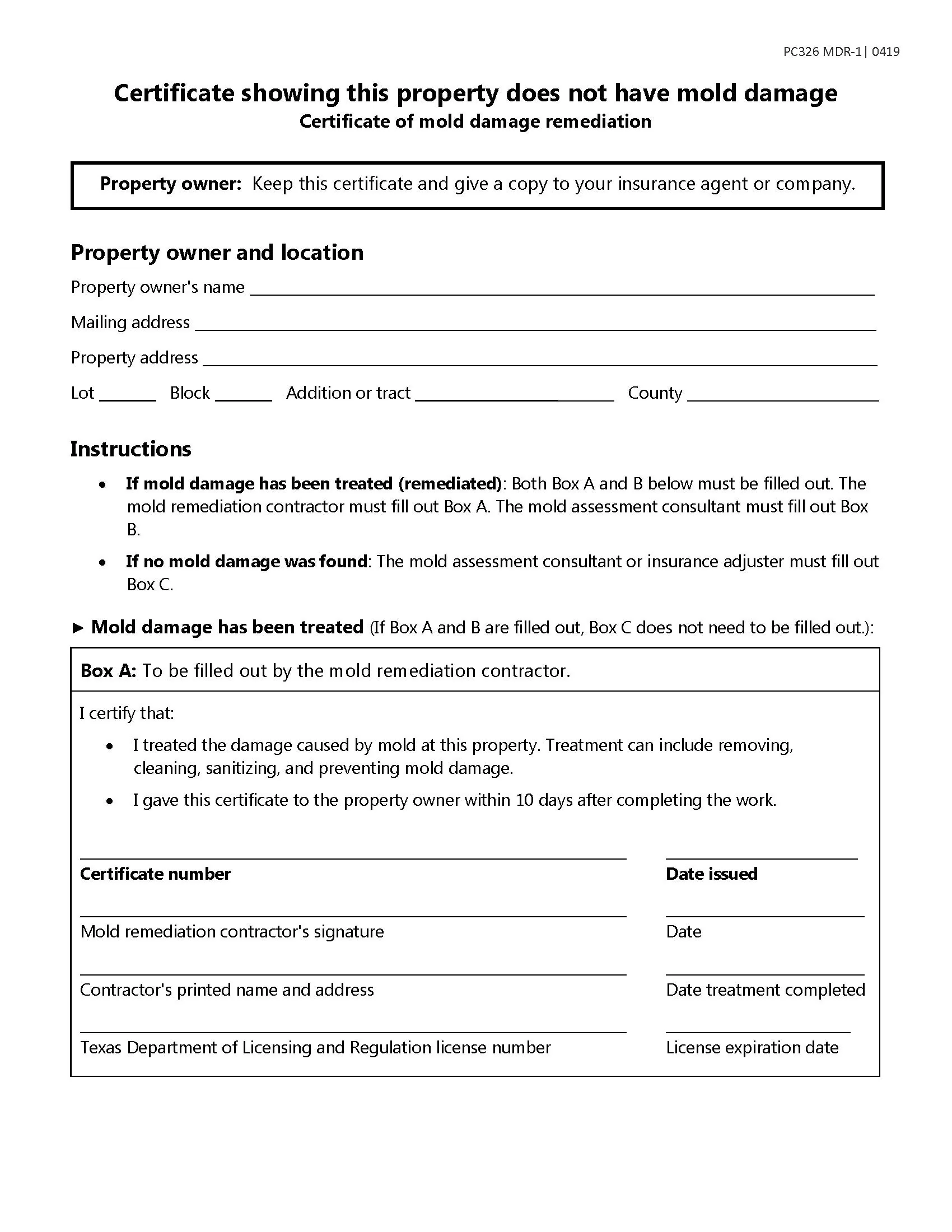 Official State of Texas Certificate of Mold Damage Remediation Form MDR-1