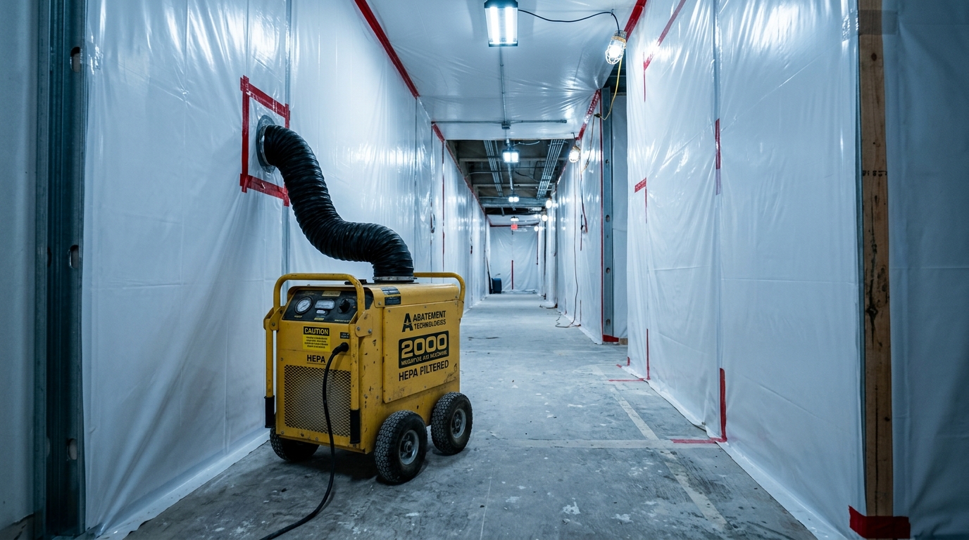 Industrial HEPA negative air scrubber running in containment zone
