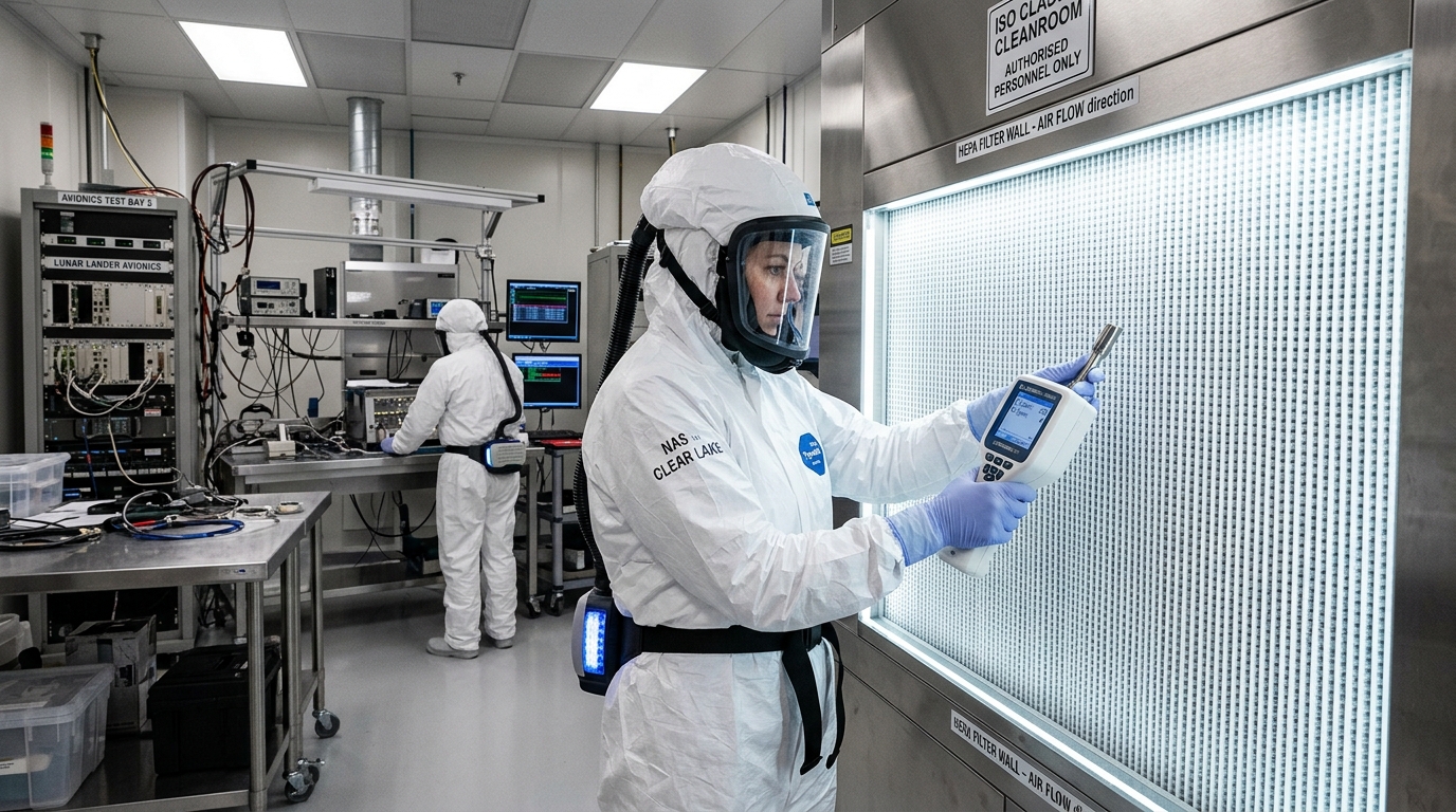 Specialist conducting laser particle count and HEPA bio-burden validation in aerospace cleanroom