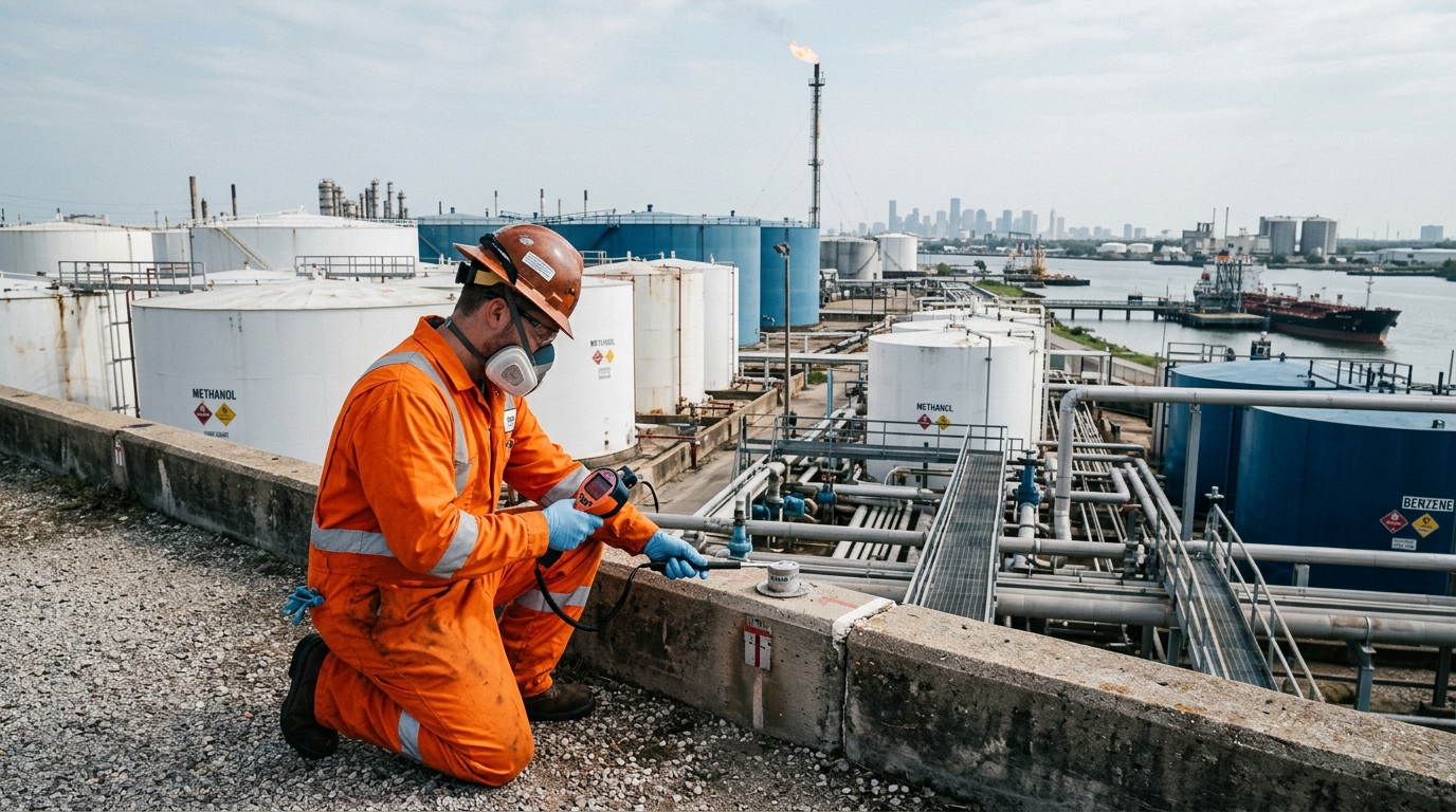 Industrial environmental hygiene specialist conducting photoionization detector VOC screening at ship channel chemical terminal
