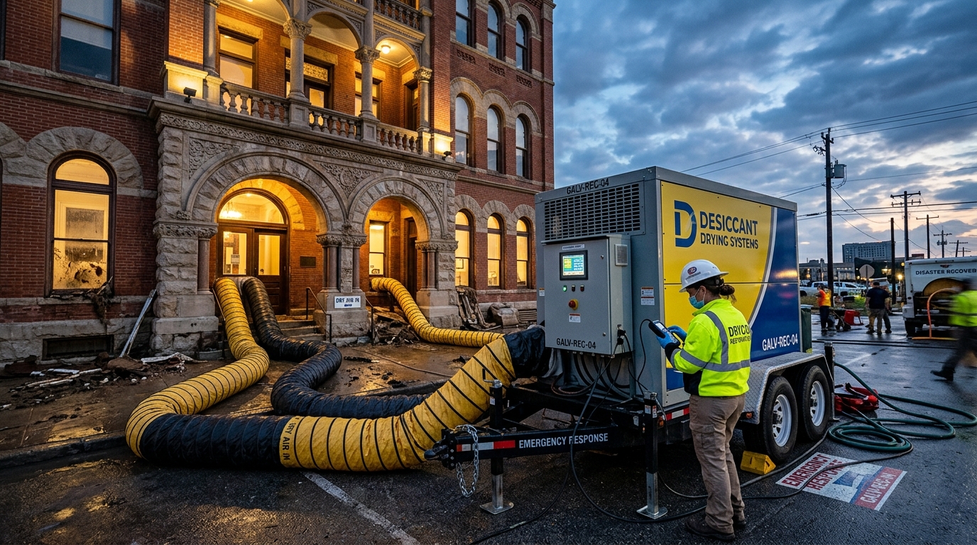 Industrial desiccant dehumidifier trailer operating at historic Galveston landmark after storm surge