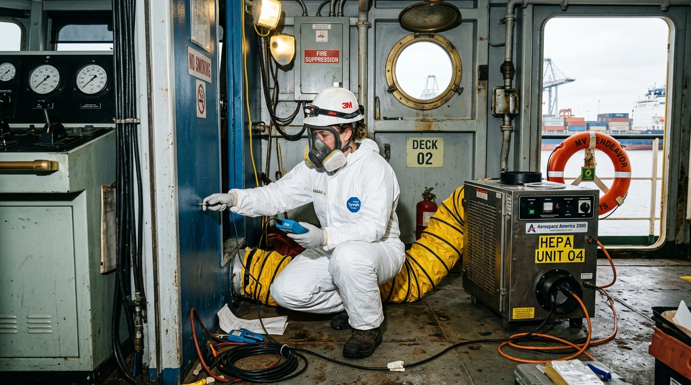 Environmental marine remediation specialist inspecting bulkheads and HEPA unit on offshore vessel