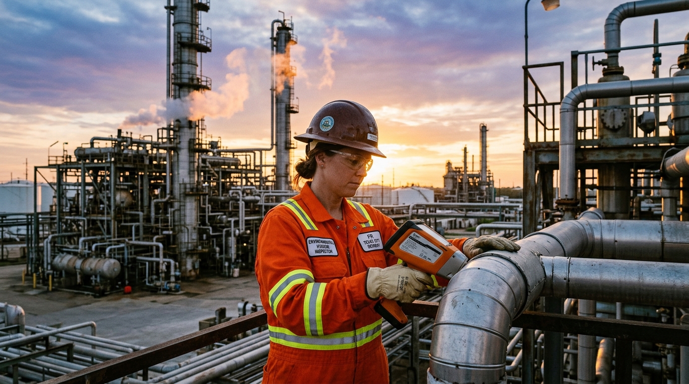Industrial environmental hygiene inspector with Niton XRF analyzer at Texas City refinery