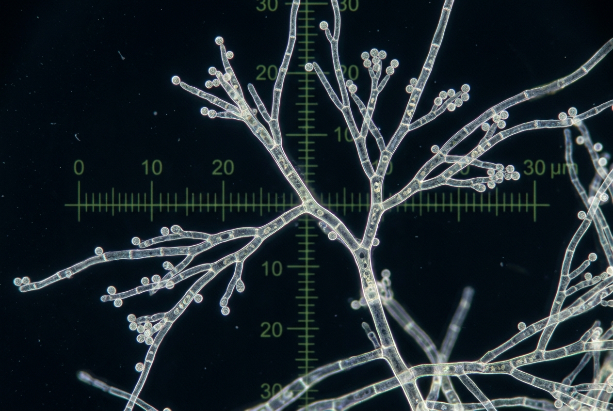 Microscopic examination of active fungal hyphae and conidiophores