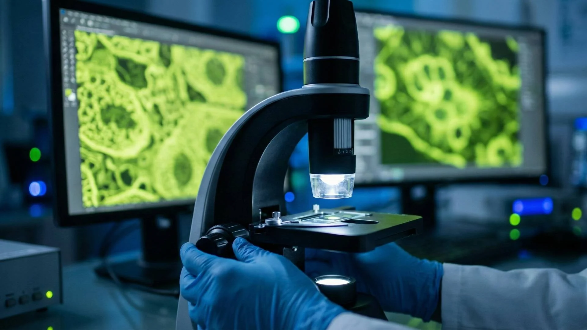 Environmental Protection Technician Analyzing Microbiological Samples Under High-Resolution Microscopy
