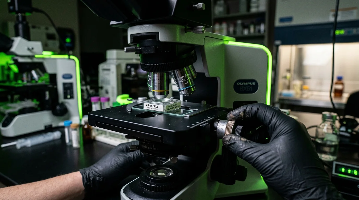 Olympus BX51 Research Microscope Analyzing Air-O-Cell Bioaerosol Cassette in Laboratory